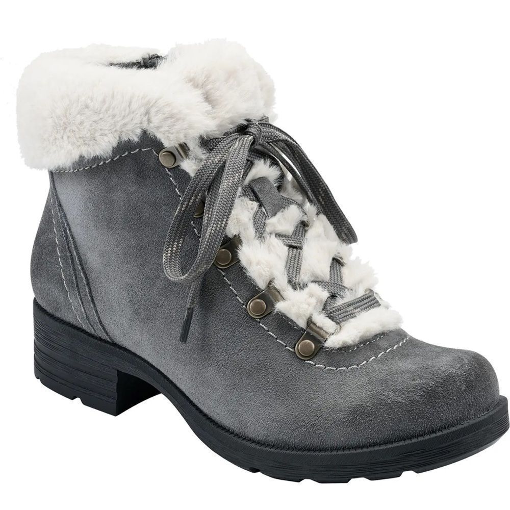 Earth Origins RADA Iron Gray Suede Faux Fur Lace Up Low Heel Ankle Boots